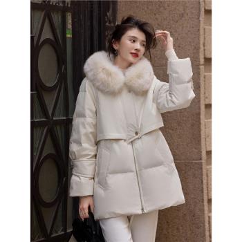 Basic House/百家好2024冬季新款保暖90白鴨絨毛領羽絨服外套女士