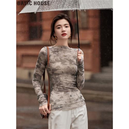 Basic House/百家好高級冷淡系扎染時尚長袖T恤女士2025秋冬新款