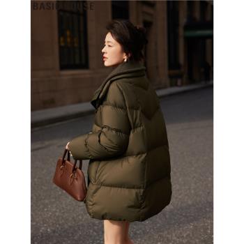 Basic House/百家好90白鴨絨針織拼接翻領中長款保暖羽絨服女冬季
