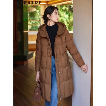 Basic House/百家好2024冬季新款盤扣刺繡加厚連帽白鴨絨羽絨服女