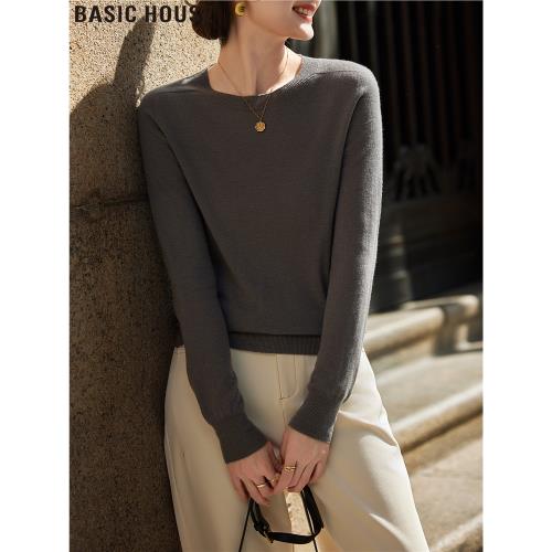 Basic House/百家好內搭正肩長袖T恤灰色綿羊毛針織打底衫女秋冬