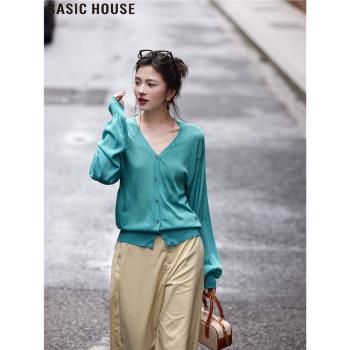 Basic House/百家好薄款冰絲V領寬松防曬衫針織衫女2025夏季新款