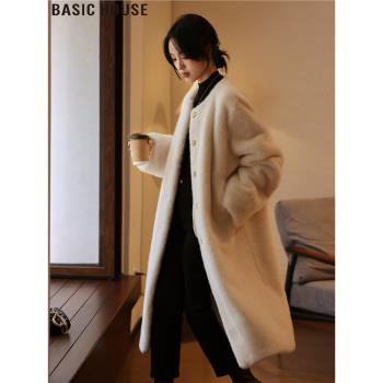 Basic House/百家好長款仿水貂絨大衣外套女秋冬環保皮草毛絨上衣