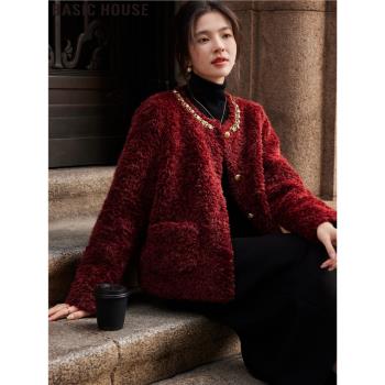 Basic House/百家好安可拉紅小香風皮毛一體加厚圓領外套女士冬季