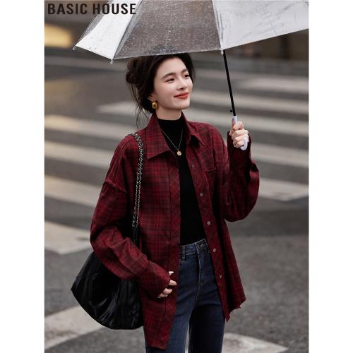 Basic House/百家好磨毛寬松安可拉紅格紋長袖襯衫女2025秋冬新款