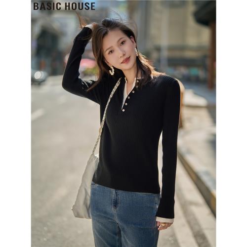 Basic House/百家好設計款撞色坑條紋短款針織衫女士2025秋冬新款