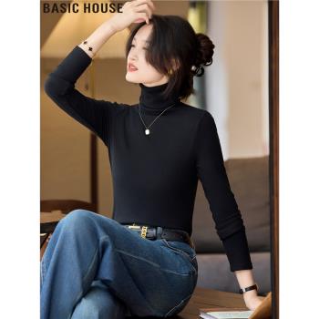 Basic House/百家好精簡衣櫥黑色高領百搭正肩德絨打底衫女士春季