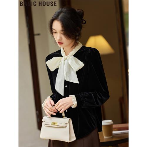Basic House/百家好法式赫拉蝴蝶結絲絨襯衫上衣女士2025秋冬新款
