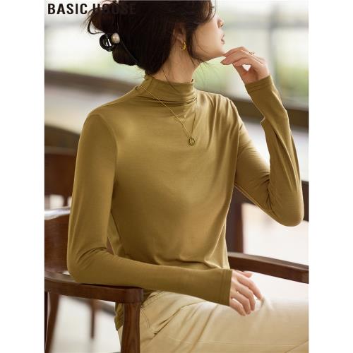 Basic House/百家好牛油果綠半高領內搭長袖T恤2025秋季新款女裝