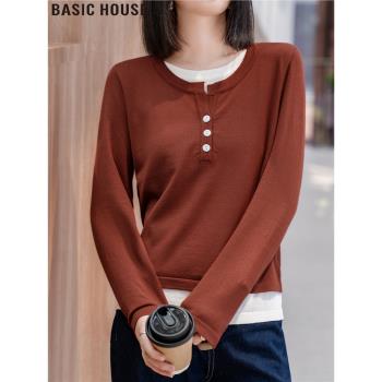 Basic House/百家好安可拉紅假兩件針織衫內搭打底衫上衣女裝春季