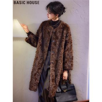 Basic House/百家好深秋初冬穿搭美拉德皮毛一體中長款毛絨大衣女