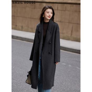 Basic House/百家好2025冬季新款雙排扣保暖綿羊毛呢子大衣外套女