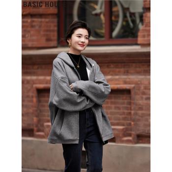 Basic House/百家好厚款灰色連帽廓形拉鏈衛衣外套女2025春季新款