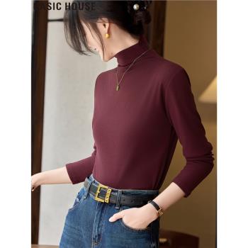 Basic House/百家好安可拉紅高領修身內搭打底衫女士2025春季新款