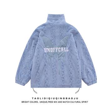 逃離地球歐美潮牌蝴蝶刺繡羊羔毛絨棉衣女冬季炸街寬松情侶裝外套
