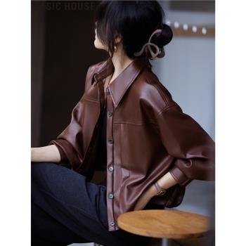 Basic House/百家好美拉德楓影焦糖皮衣外套短款翻領夾克女款春季