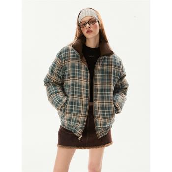 EZEK美式復古兩面穿立領格子棉衣棉服女冬季加厚保暖麵包服外套潮