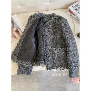 灰色小香風羽絨服女冬季2024新款高階法式圈圈羊羔毛羽絨內膽外套