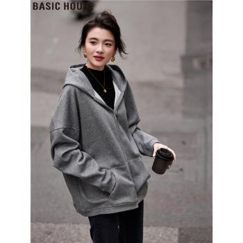 Basic House/百家好灰色寬松廓形美式連帽衛衣外套女2025春季新款