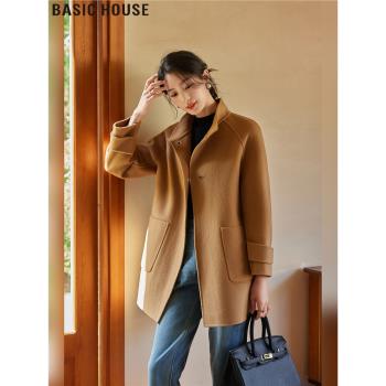 Basic House/百家好駝色保暖雙面呢100%綿羊毛大衣外套女春裝新款