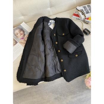 黑色小香風羽絨服女冬季2024新款高階法式氣質流蘇中長羊毛呢上衣