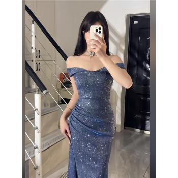 instunning法式復古高級感一字肩閃閃晚禮服裙子秋冬宴會氣質長裙