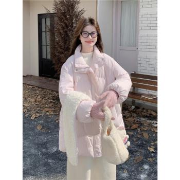 粉色超好看羽絨服女小個子2025新款高階感中長款白鴨絨圍巾麵包服