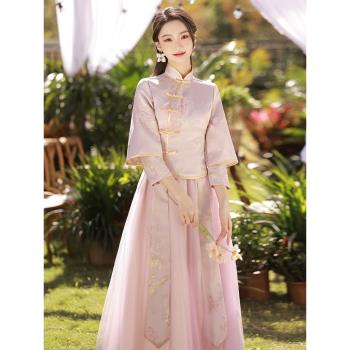 姐妹團中式粉色冬季長袖伴娘服