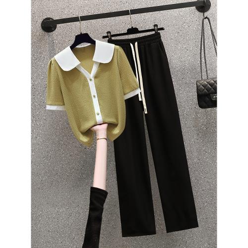 大碼女裝2026夏季新款胖妹妹洋氣減齡遮肚襯衫上衣休閑褲時尚套裝