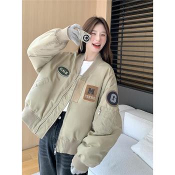 卡其色夾棉加厚棒球服外套女裝2025新款冬季時尚炸街設計感上衣服