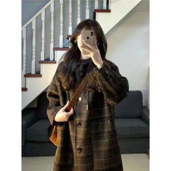 韓系連帽格子呢子大衣女2024新款秋冬高階感毛呢外套小個子中長款