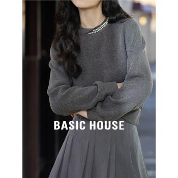 Basic House/百家好100%羊毛灰色圓領毛衣女春季高階感內搭打底衫