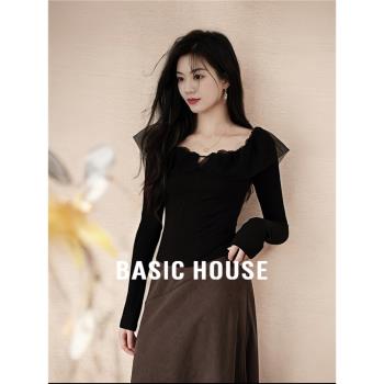 Basic House/百家好荷葉邊一字領針織衫女春季打底衫修身短款上衣