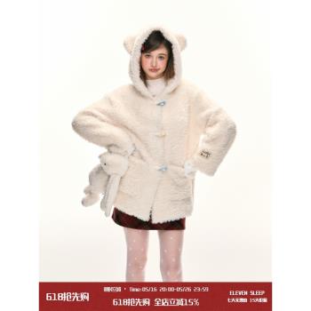 ELEVEN SLEEP秋冬純色皮毛一體女士外套牛角扣連帽毛絨保暖大衣