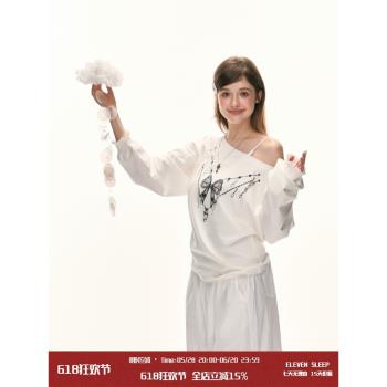 ELEVEN SLEEP春秋露肩斜領長袖女蝴蝶結印花寬松顯瘦韓系衛衣上衣