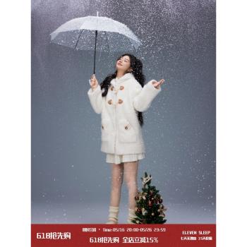 ELEVEN SLEEP秋冬白色連帽牛角扣羊羔絨外套女士寬松甜美保暖夾棉