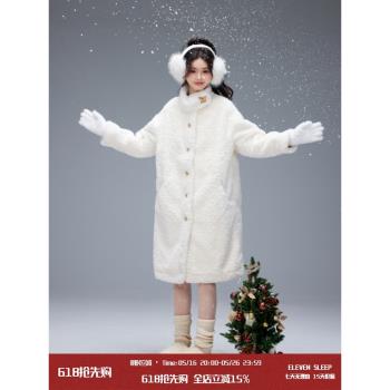 ELEVEN SLEEP冬季白色立領羊羔絨長款大衣女寬松保暖皮毛一體外套