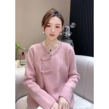 2025春季新款羊絨針織開衫女國風新中式優雅氣質重工燙鉆盤扣毛衣