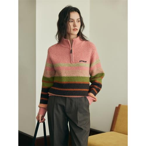 HeyDress漸變條紋毛衣女秋季新款拉鏈半高領針織衫灰色寬松厚上衣