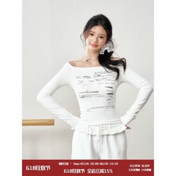 ELEVEN SLEEP新品春季原創印花一字露肩長袖女辣妹風彈力修身上衣