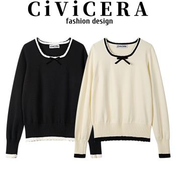 CIVICERA法式氣質撞色方領甜美減齡針織上衣女春季溫柔風打底毛衣