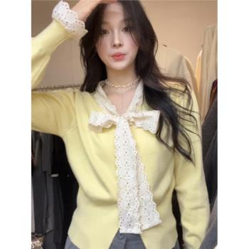黃色蕾絲蝴蝶結v領毛衣針織衫女春秋奶呼呼穿搭甜美軟糯長袖上衣