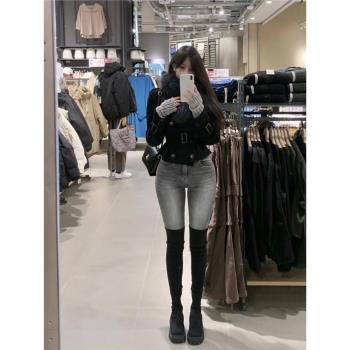 藍灰色牛仔褲高腰彈力緊身顯瘦復古磨白時尚鉛筆小腳包臀九分褲女