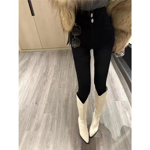 韓版辣妹卡其色小腳褲秋冬復古懷舊高腰彈力緊身顯瘦鉛筆牛仔褲女