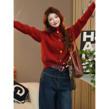 深秋初冬穿搭紅色高領毛衣開衫外套女秋冬季加厚彩色扣針織衫上衣