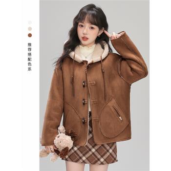 帛卡琪2024秋冬新連帽兩面穿羊羔毛外套女皮毛一體麂皮絨棉服上衣
