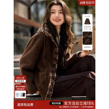 XWI欣未栗子風格紋皮毛一體外套女冬季仿羊羔絨加絨加厚連帽上衣