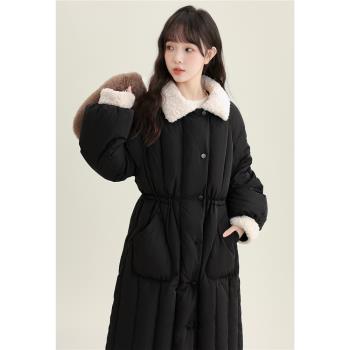帛卡琪2025冬季新款羊羔絨翻領羽絨棉服女菱形過膝加厚中長款大衣