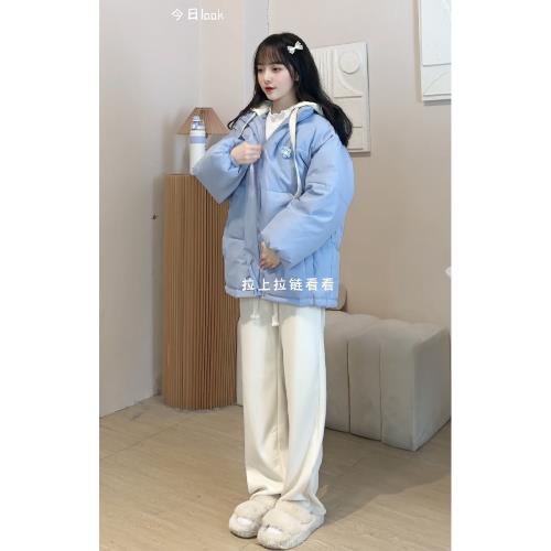 帛卡琪2022冬季新款韓版慵懶風連帽外套女寬松面包服學生羽絨棉服