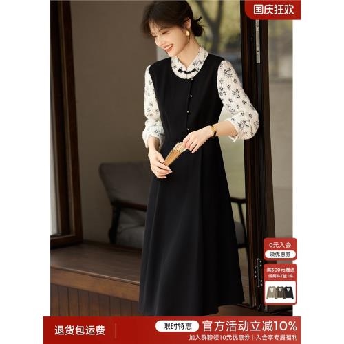 XWI欣未新中式拼接假兩件連衣裙女24年秋冬復古顯瘦好看黑色裙子